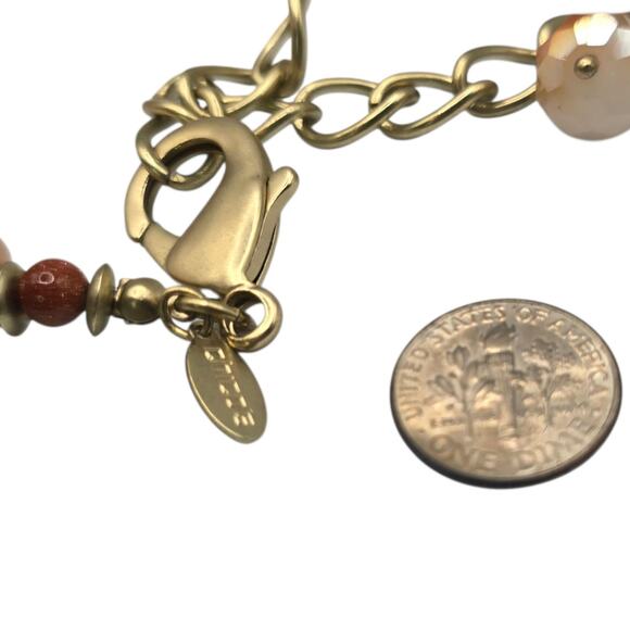 Chico's Statement Necklace Long Tassel Pendant Gold Tone Mixed Bead Peach Coral - Picture 11 of 12